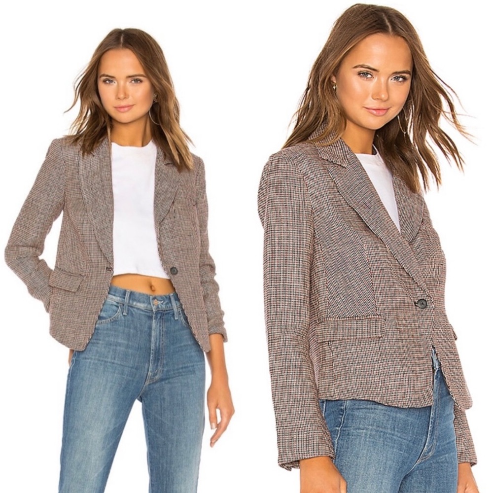 Free People Black Red Garnet Check Houndstooth Linen Chess Blazer